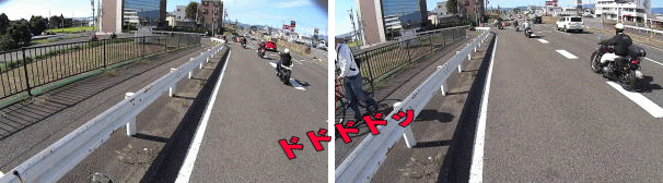 堤防道路へと左折 堤防道路へと左折