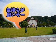 芝生広場の向こうに建物が見える