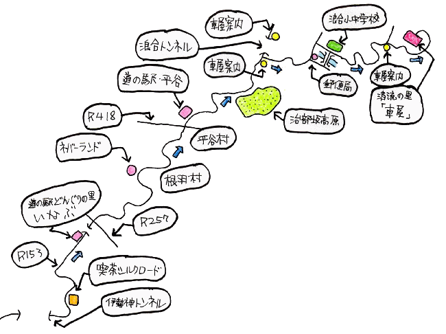 浪合村ヤマメ釣りＢＢＱツーリングルート図
